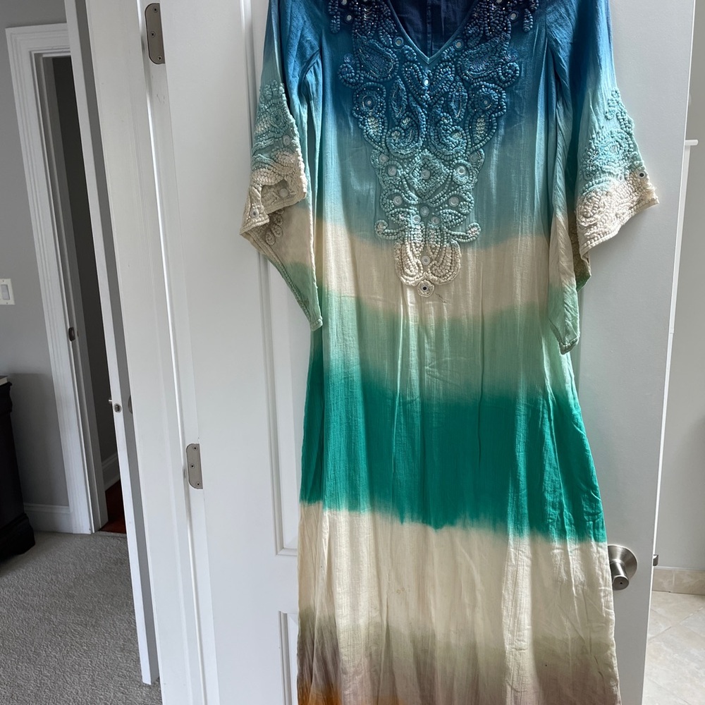 Calypso Blue and Cream Embroidered Maxi Dress
